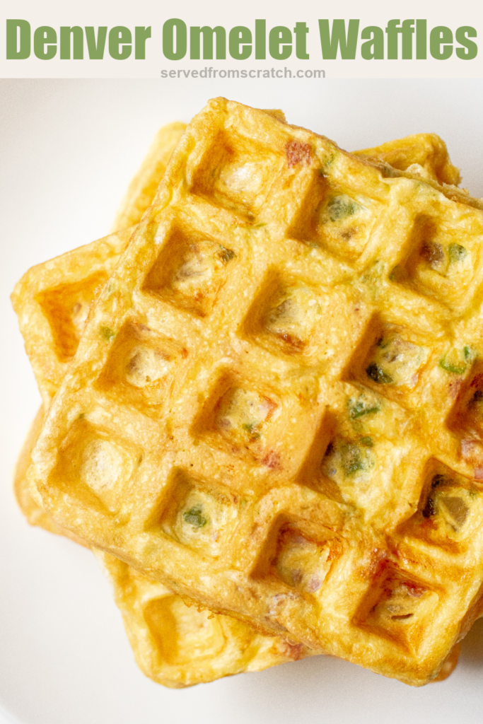 an overhead of a stack of egg waffles with Pinterest pin text.