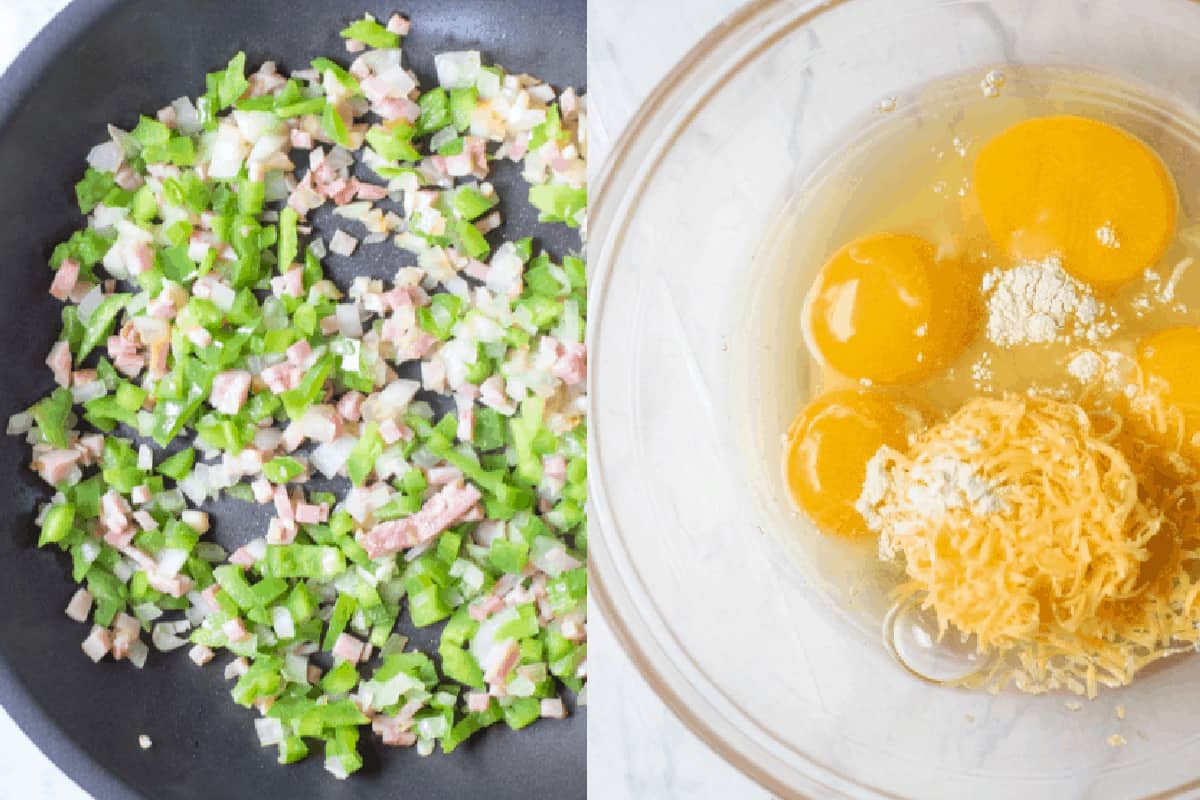 a pan with diced ham and peppers next to a bowl of eggs cheese and onion powder.