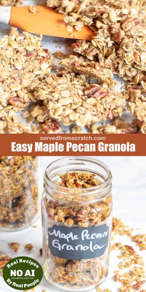 a tray of baked granola with a spatula, Pinterest pin text, and a jar of labeled granola with NO AI sticker.