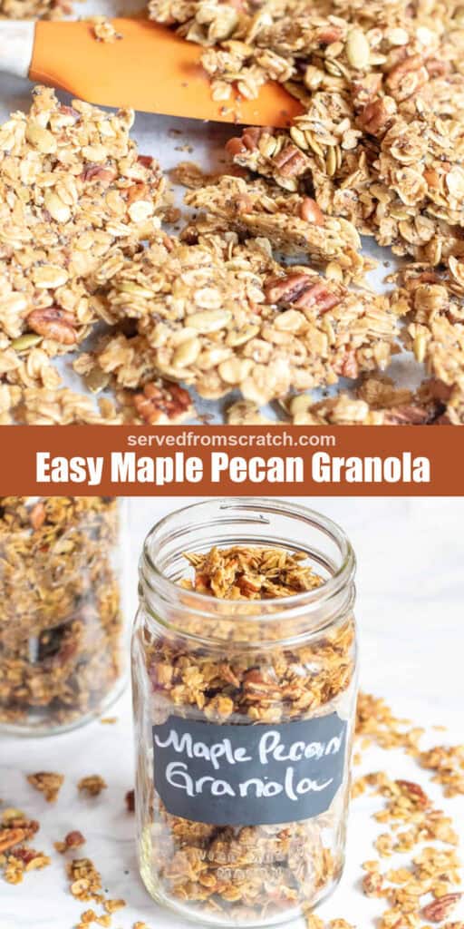 a tray of baked granola with a spatula, Pinterest pin text, and a jar of labeled granola.