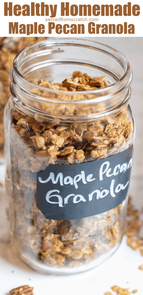 a close up of a jar of granola with pinterest pin text.