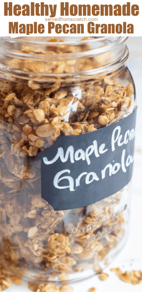 a close up of a jar of granola with Pinterest pin text.