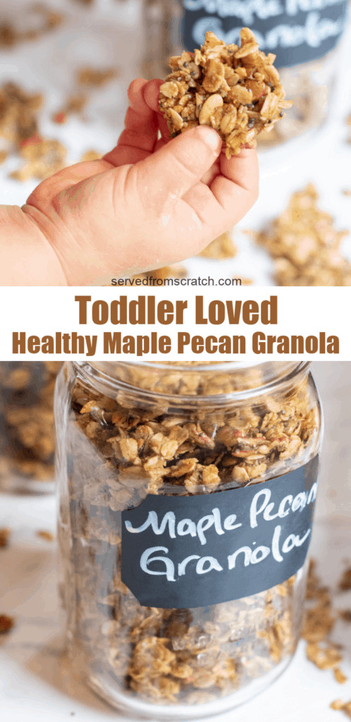 a toddler holding a cluster of granola and a jar of granola with Pinterest Pin Text.