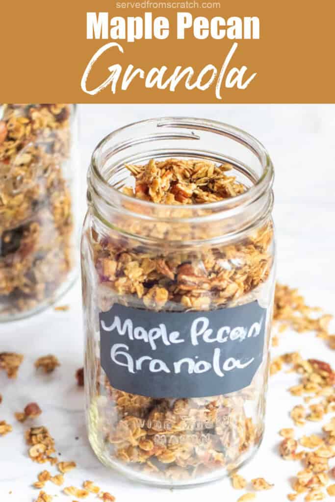 a large mason jar of granola labeled with Pinterest pin text.