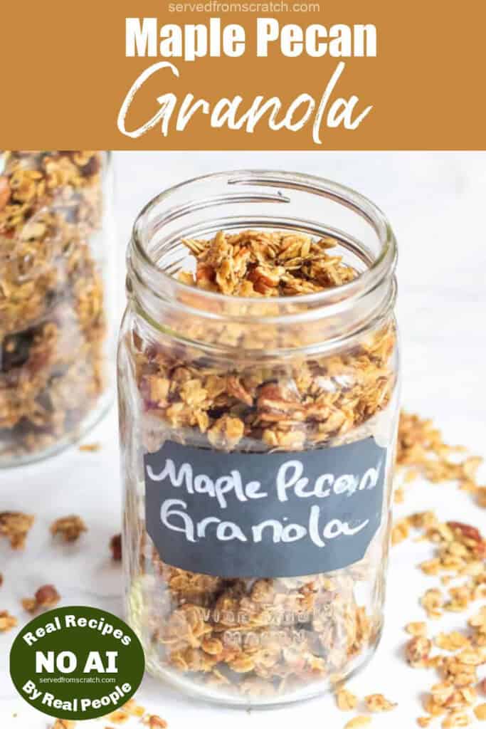 a large mason jar of granola labeled with Pinterest pin text with NO AI sticker.