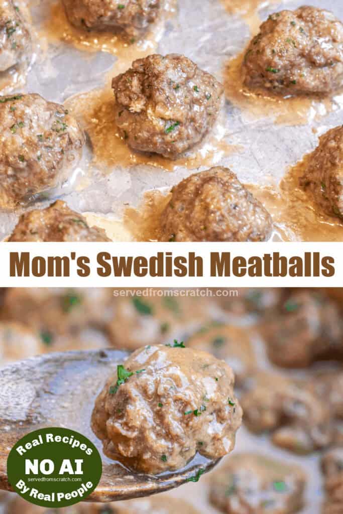meatballs on a baking sheet and on a wooden spoon with Pinterest pin text and NO AI sticker.