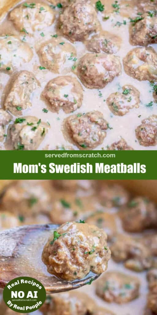 a pot of swedish meatballs, Pinterest pin text, and a wooden spoon holding a meatball and NO AI sticker.