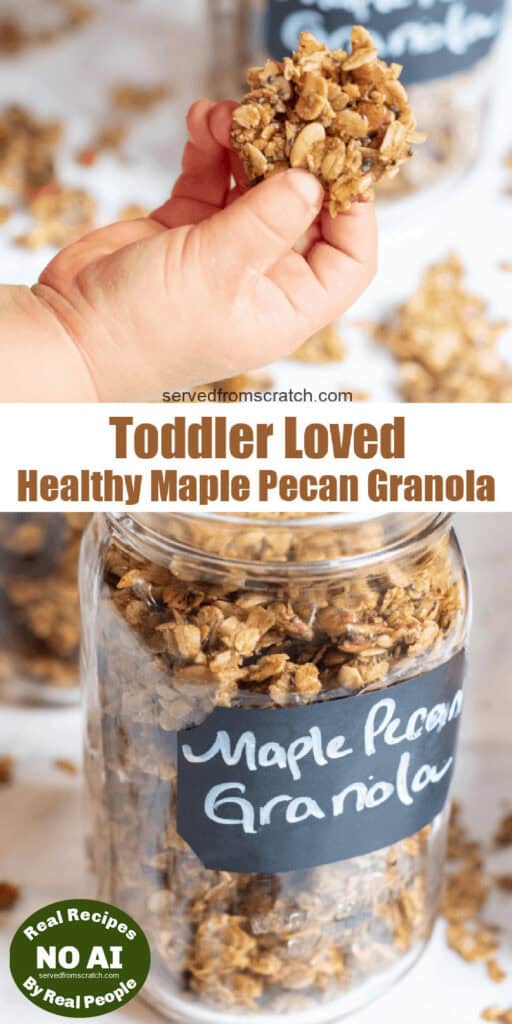 a toddler holding a cluster of granola and a jar of granola with Pinterest Pin Text with NO AI sticker.