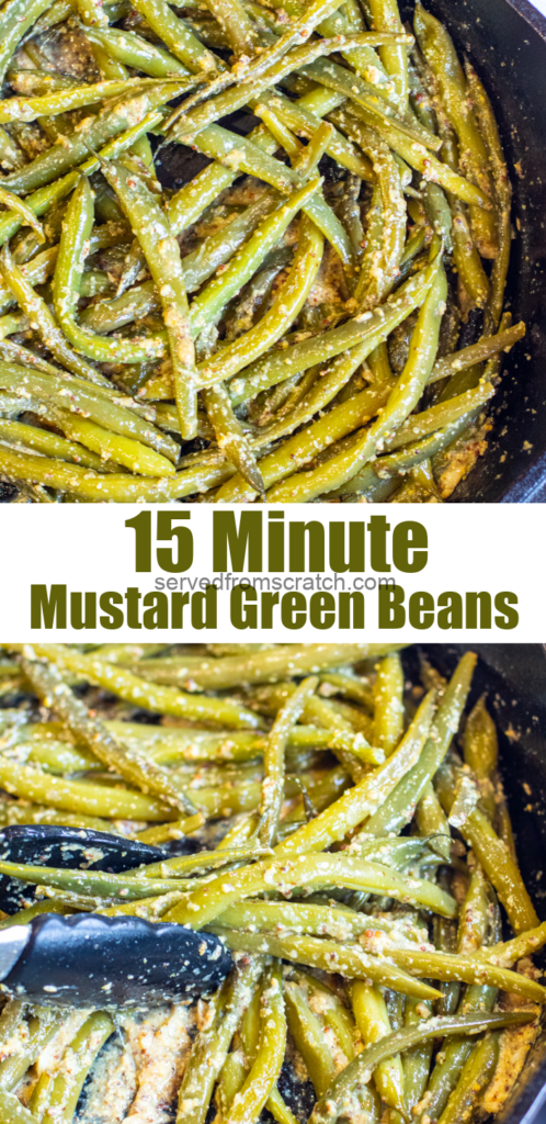 mustard green beans in a pan with Pinterest pin text.