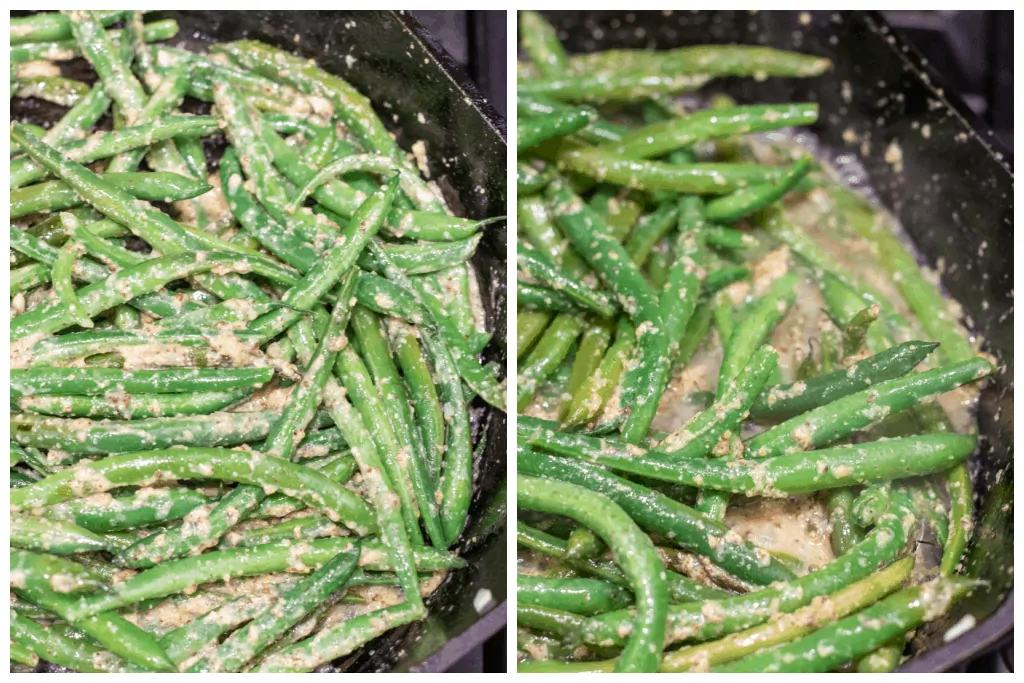 a cast iron with mustard coated green beans.
