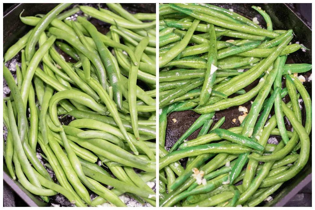 cooked green beans in a pan coated with mustard with tongs.