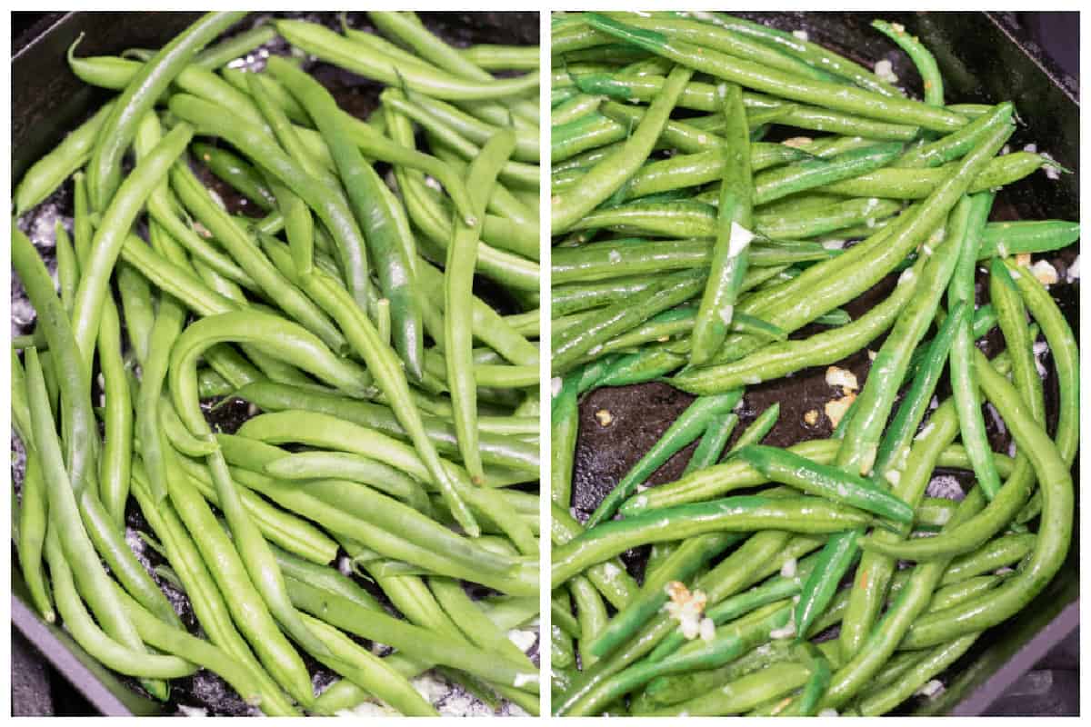 whole green beans in a pan and then mixed with butter and garlic.