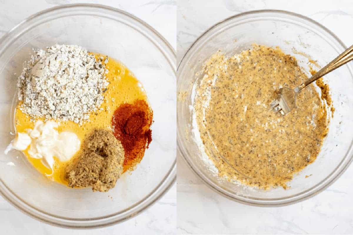 two bowls, one with spices and eggs and then it all mixed together.