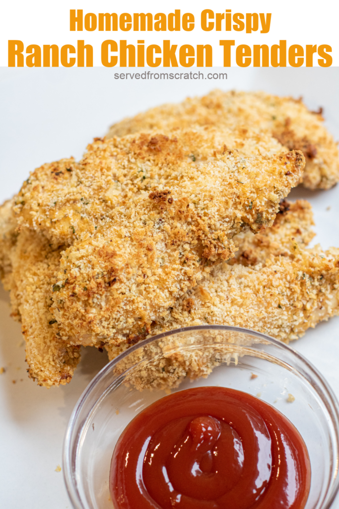 a plate of chicken tenders and ketchup with Pinterest pin text.