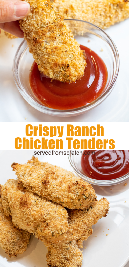 a plate of chicken tenders and ketchup and a tender being dipped into ketchup with Pinterest pin text.