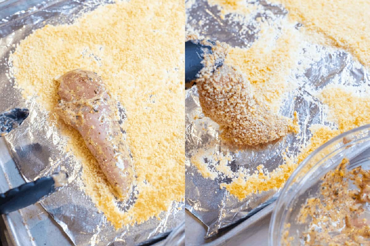 raw chicken tender in toasted panko bread crumbs on a baking sheet.