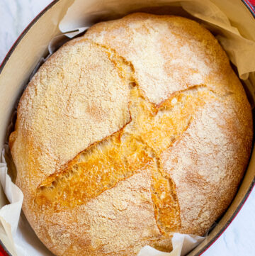 fresh baked bread in a dutch oven.