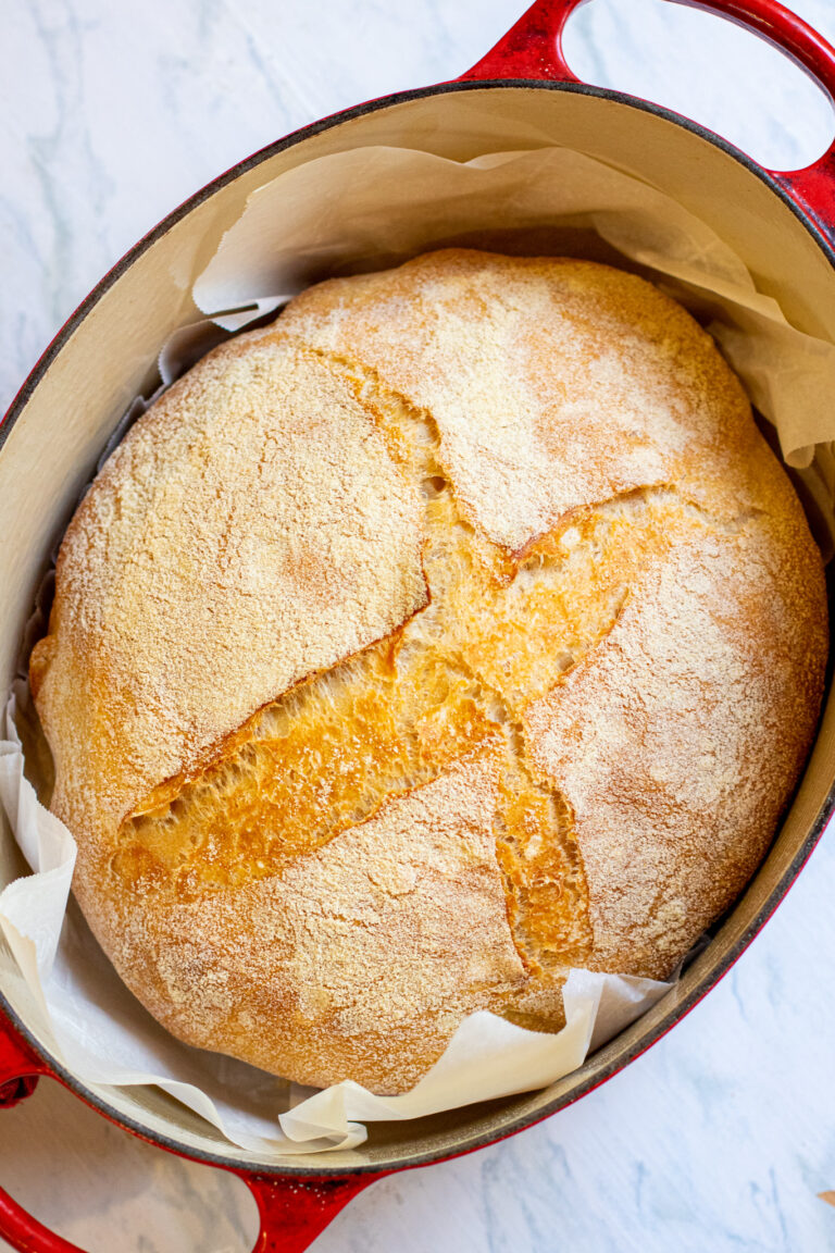 fresh baked bread in a dutch oven.