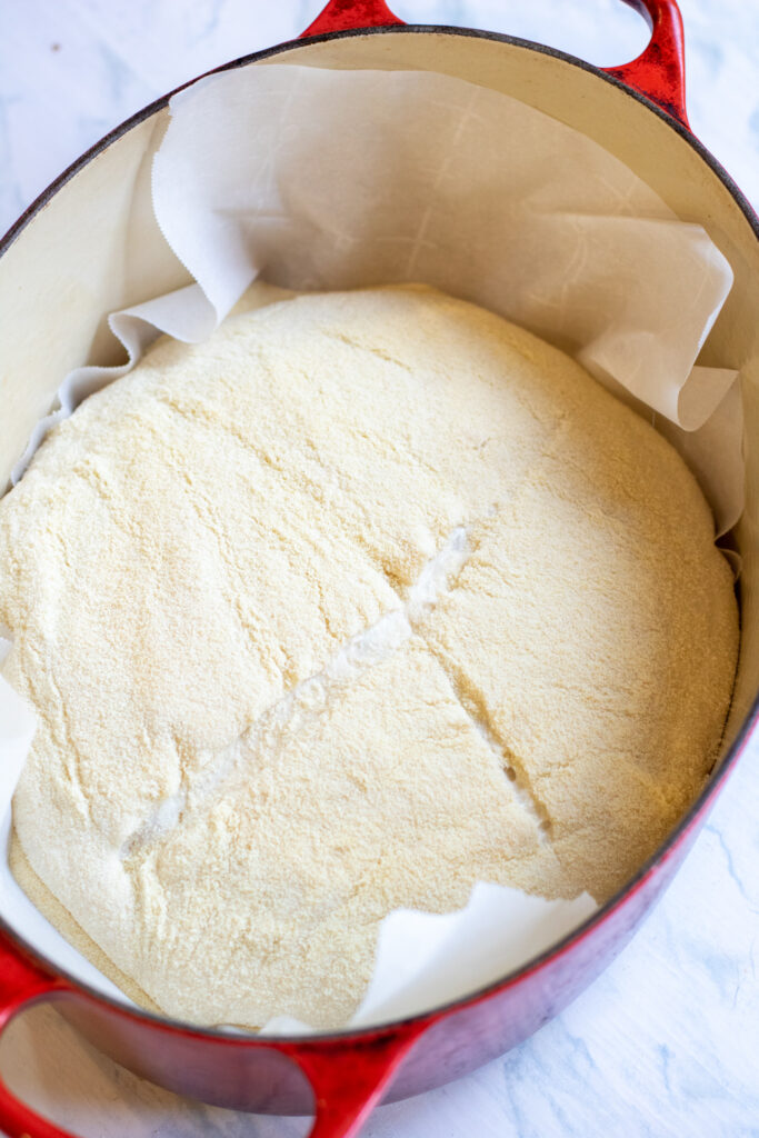 unbaked bread dough in dutch oven