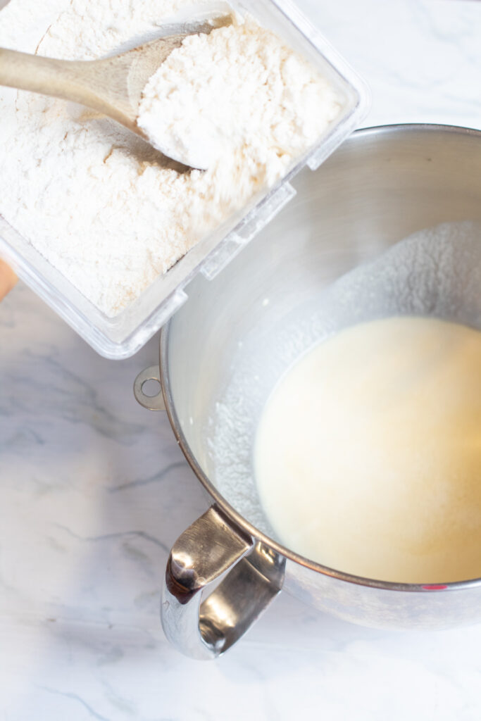 stand mixer bowl with starter mixed with water next to a thing of flour 