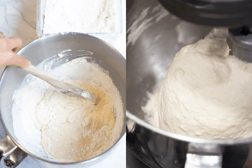 stand mixer with a wooden spoon mixing in dough and then in a stand mixer 