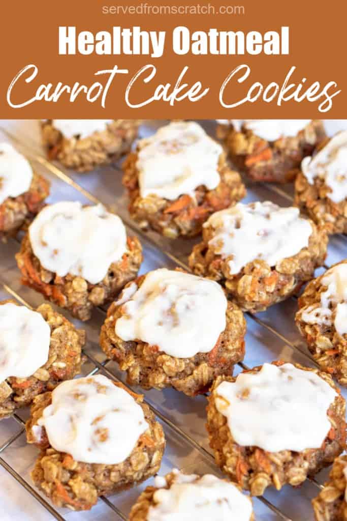 a cooling rack of frosted carrot cake cookies with Pinterest pin text.