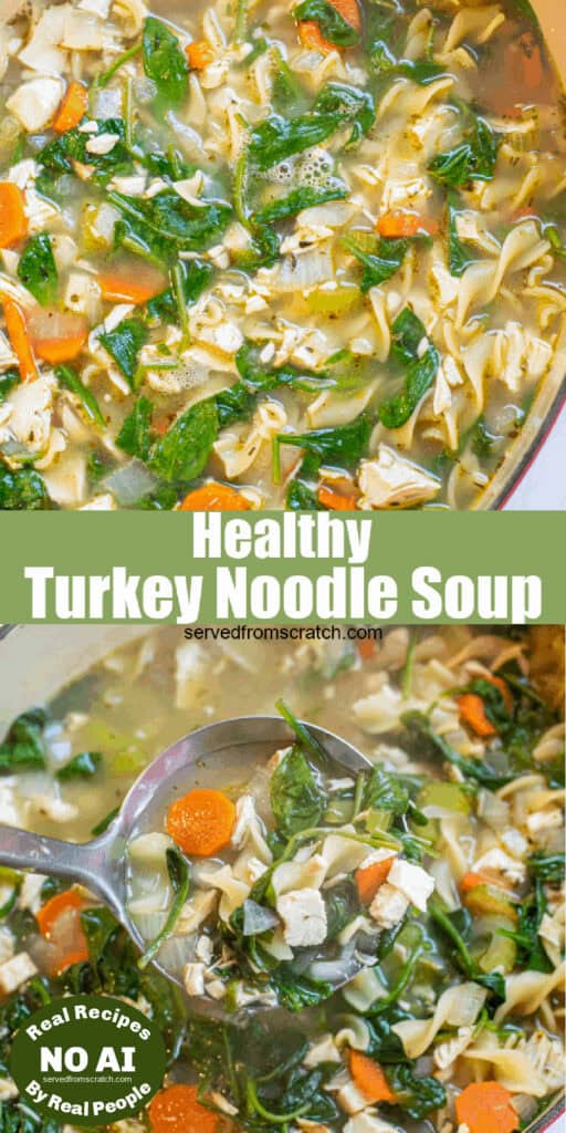 stock pot with soup with spinach and noodles with Pinterest pin text and a picture of it with a ladle and with NO AI sticker.