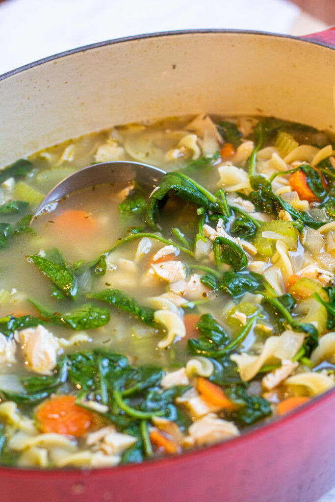 a pot of veggie noodle soup with spinach with ladle