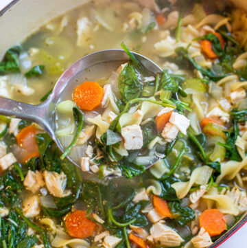 a pot of veggie noodle soup with spinach with ladle.