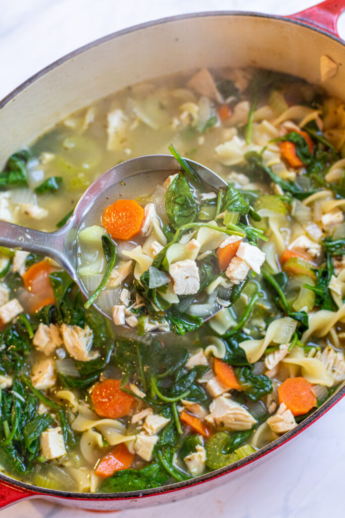 a pot of veggie noodle soup with spinach with ladle