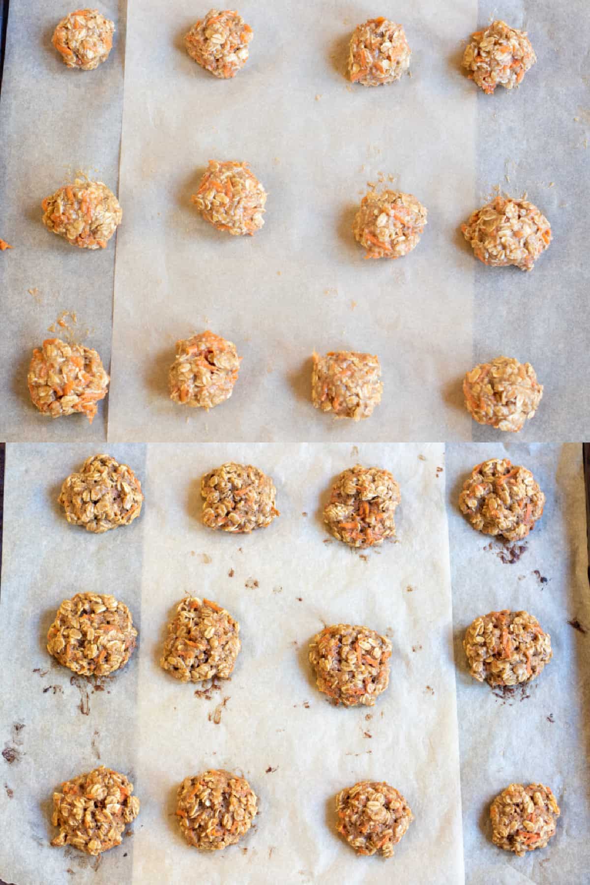 two racks with parchment paper, one with raw cookies, and one with cooked cookies.