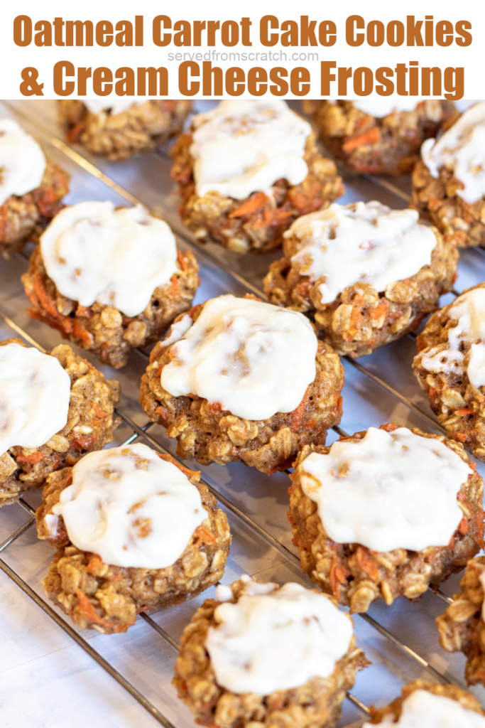 cooked cookies with frosting on cooling rack with PInterest Pin text.