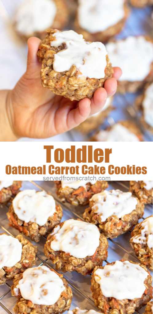 cooked cookies with frosting on cooling rack and a toddler holding a cookie with PInterest Pin text.