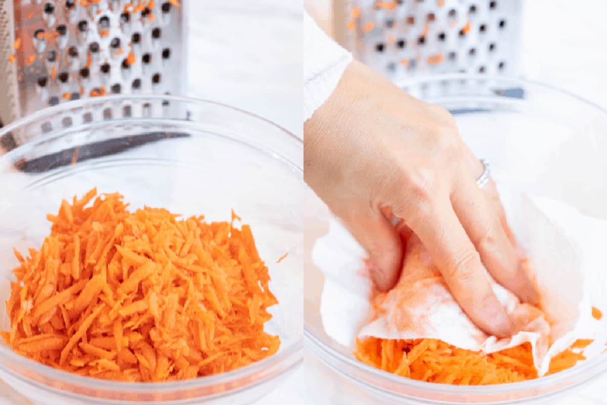 a bowl of shredded carrots and a hand with a paper towel drying carrots.