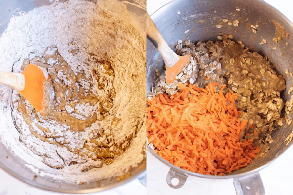 a mixing bowl of dry ingredients and dough and then added wit hcarrots.