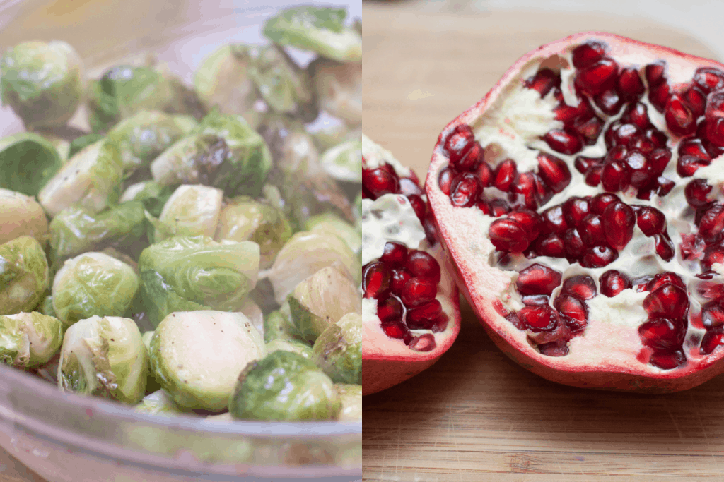 a bowl of roasted brussels sprouts and a halved pomagranate.