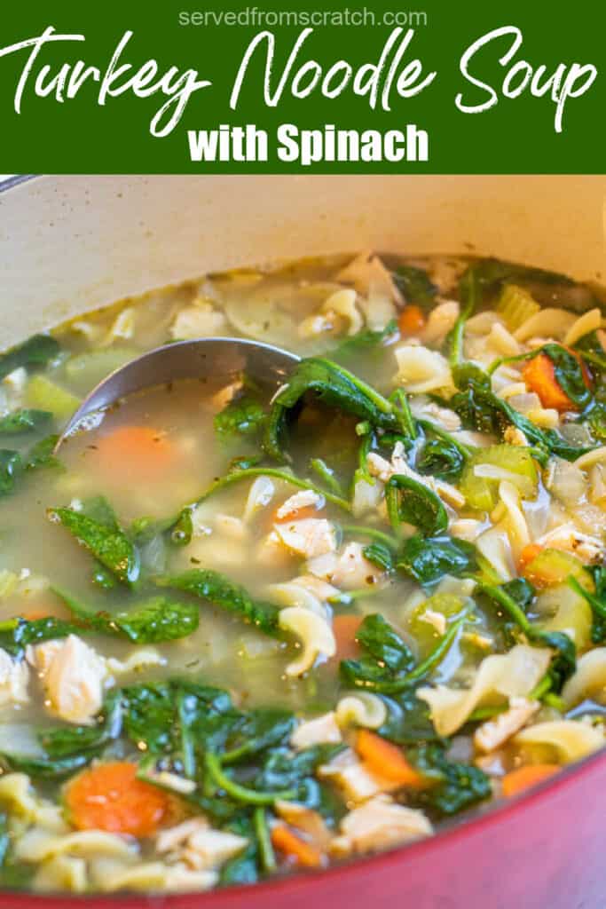 a pot of veggie noodle soup with spinach with ladle with Pinterest pin text.