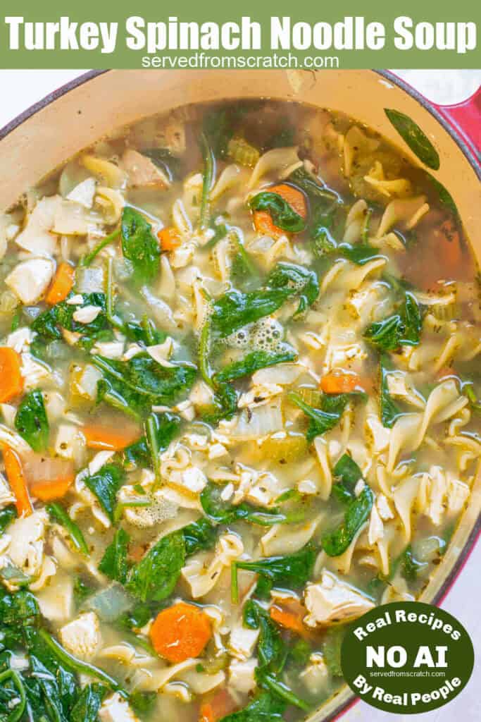 stock pot with soup with spinach and noodles with Pinterest pin text with NO AI sticker.