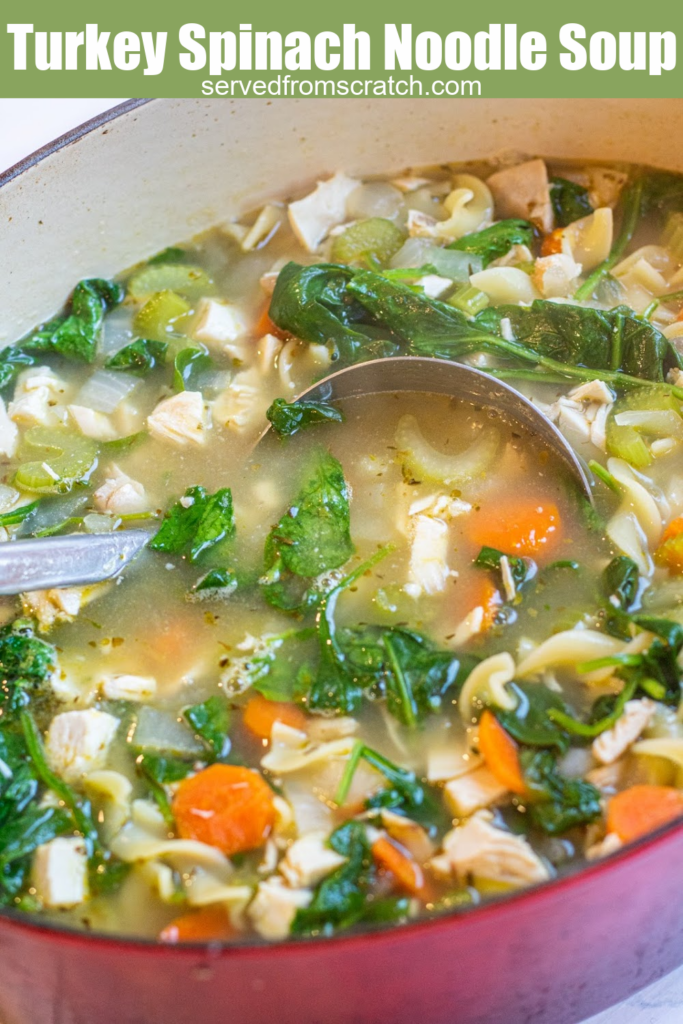 a dutch oven of spinach and turkey soup with a ladle with Pinterest pin text.