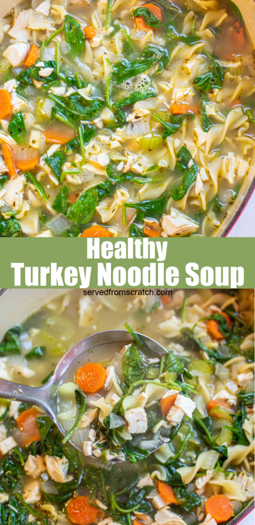 a dutch oven of spinach noodle soup and a dutch oven with ladle with soup with Pinterest pin text.