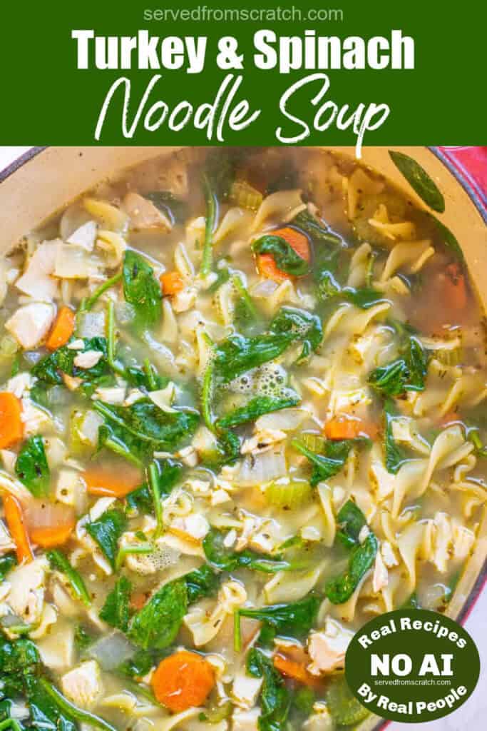 stock pot with soup with spinach and noodles with Pinterest pin text with NO AI sticker.