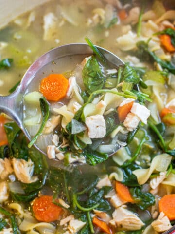 a pot of veggie noodle soup with spinach with ladle.