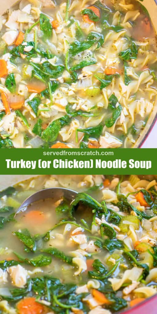 an overhead of spinach and noodle soup, Pinterest pin text, and a ladle in the soup.