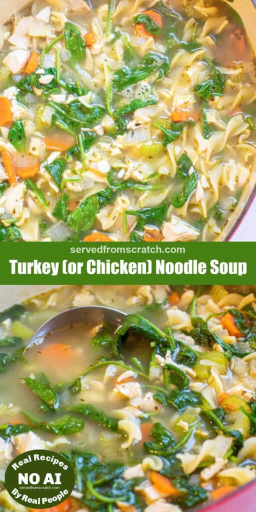 stock pot with soup with spinach and noodles with Pinterest pin text and a picture of it with a ladle and with NO AI sticker.