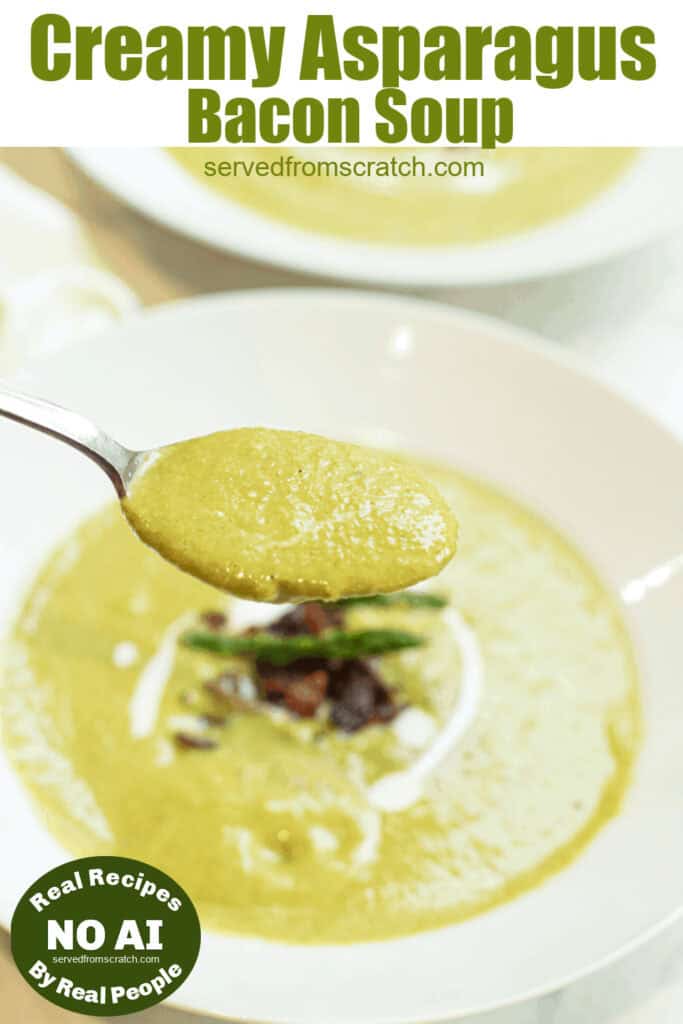 a spoonful of creamy green soup with Pinterest pin text with NO AI sticker.