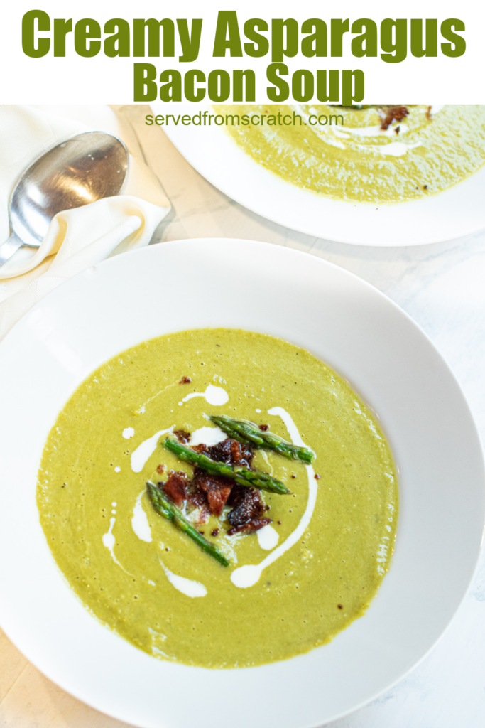an overhead of a creamy green soup with asparagus and bacon with Pinterest pin text.