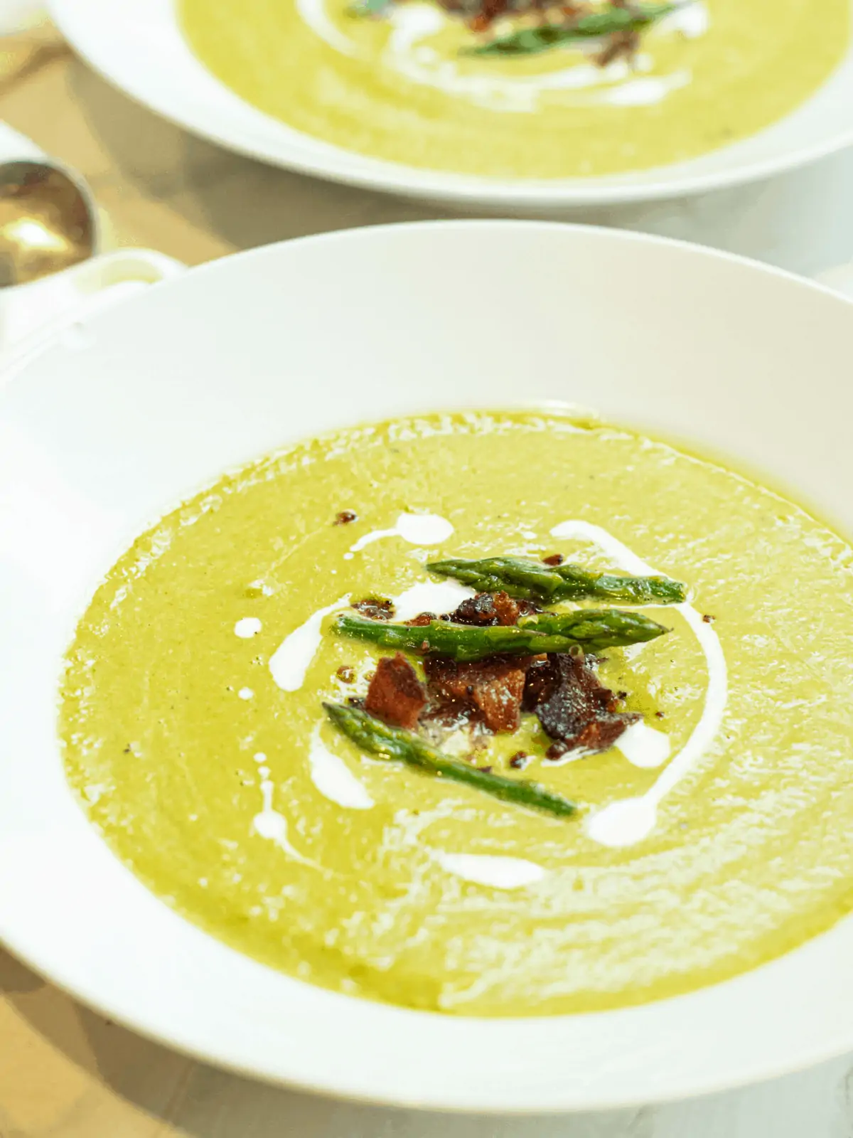 dutch oven with creamy asparagus soup.