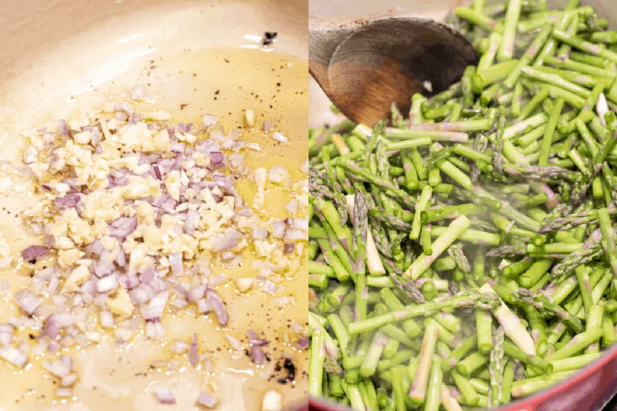 shallots and garlic in oil and a pot with asparagus and a wooden spoon.