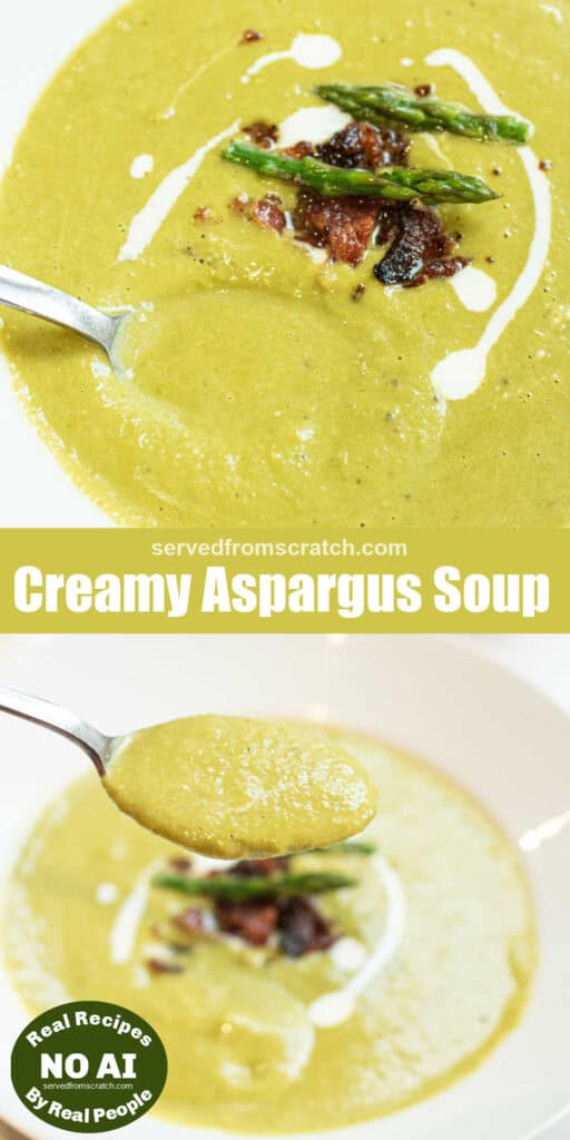 a spoonful of creamy green soup with Pinterest pin text with NO AI sticker.