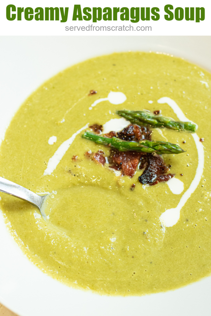 a bowl of green soup topped with bacon and asparagus and Pinterest text.